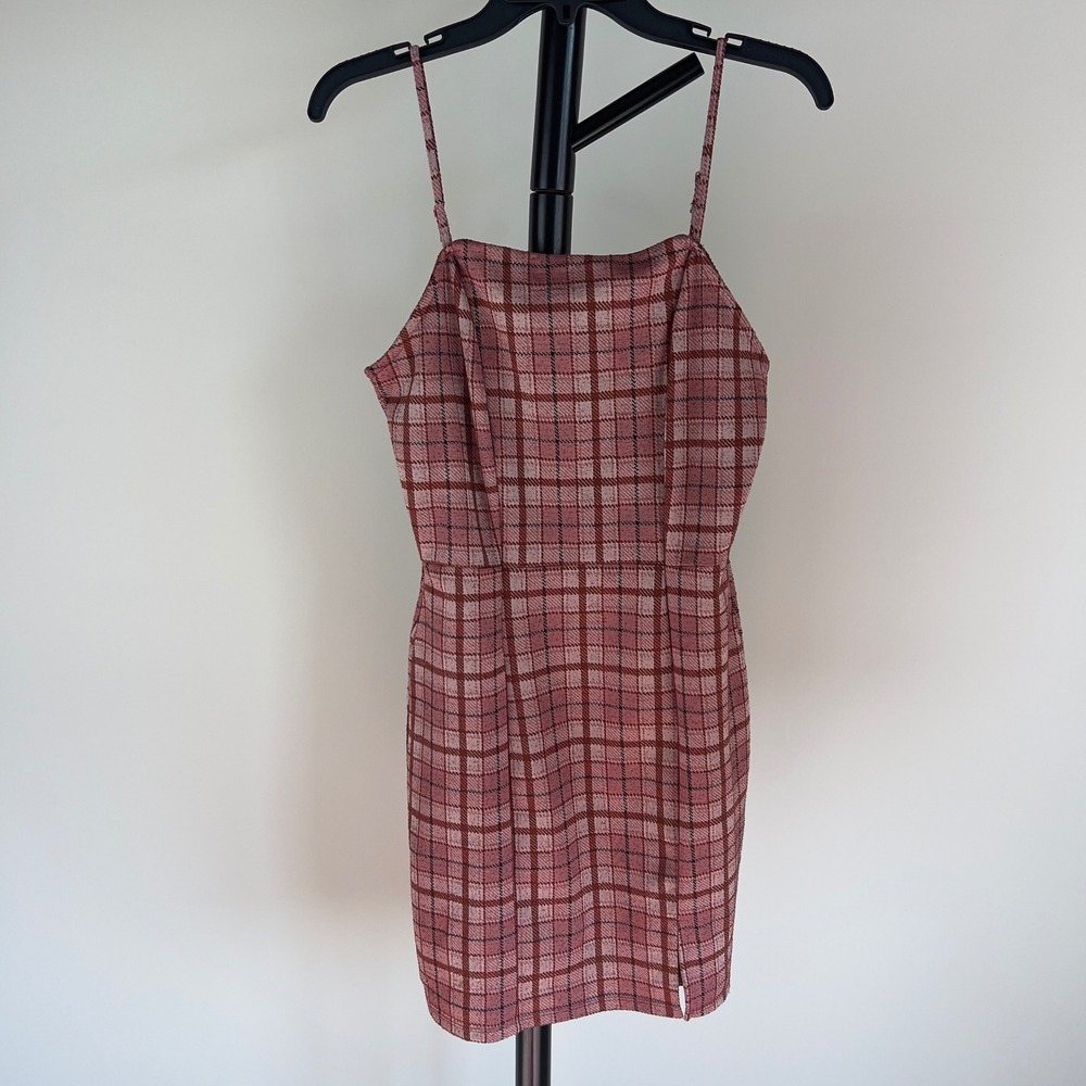No Comment Pink Plaid Mini Dress Medium NY-LA Adjustable Straps Square Neck Slim
